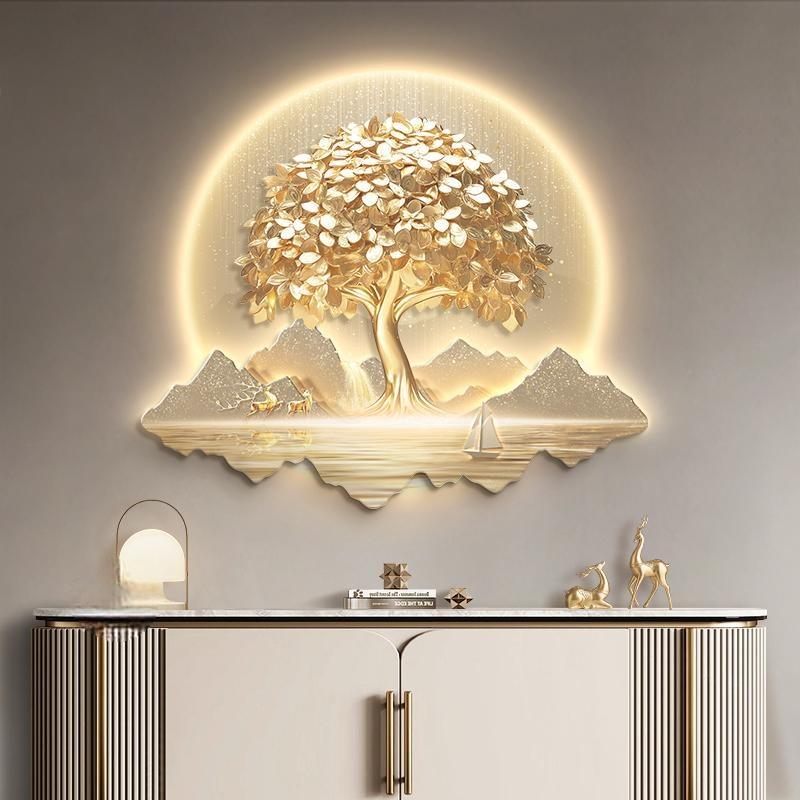 发财树新中式玄关装饰画轻奢大气山水走廊过道挂画入户正对门壁灯图片