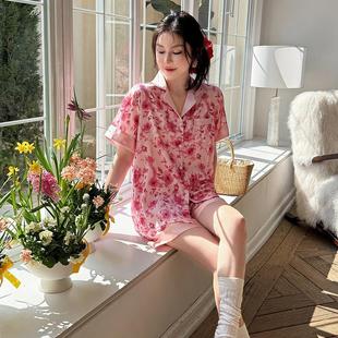 冰丝凉 高档依家雪oyshok猫俐烫银花朵女士三件套甜美风睡衣春夏季