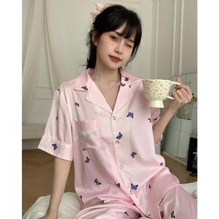 高档梦米加一oyshok诺尚品烫钻蝴蝶三件套甜美风睡衣女冰丝春夏季