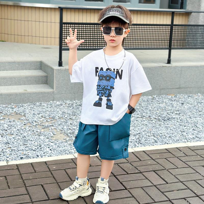 高档爱及贝贝潮牌屋怡儿童装男童夏套装2025新款儿童工装短裤两件