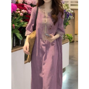 重工刺绣棉麻中长款连衣裙2025夏季新款大码宽松休闲气质亚麻裙子