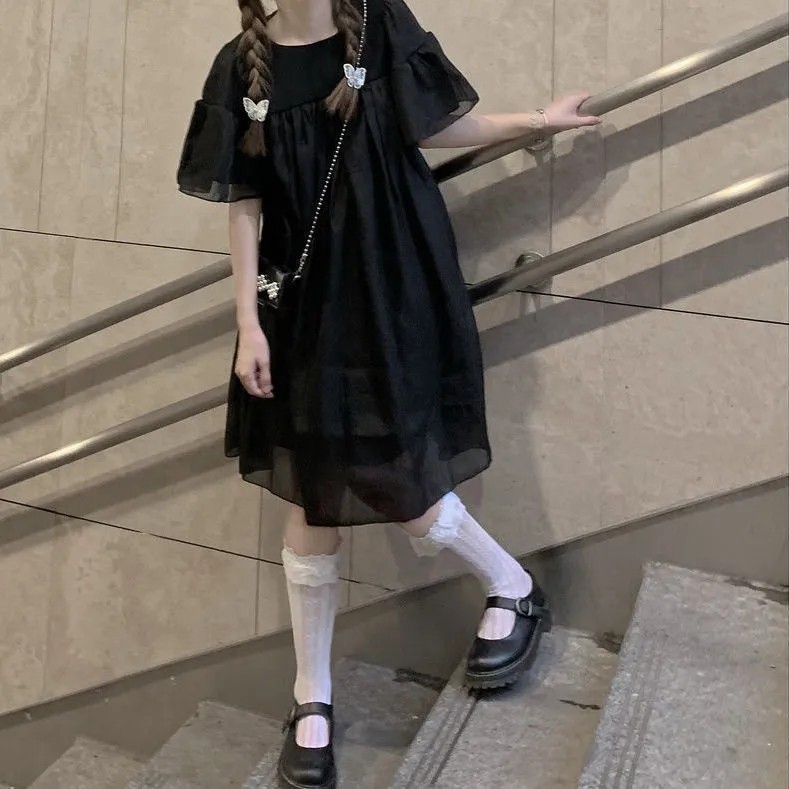 夏季法式仙女小众设计感公主裙女学生韩版宽松纯色宽松百搭连衣裙