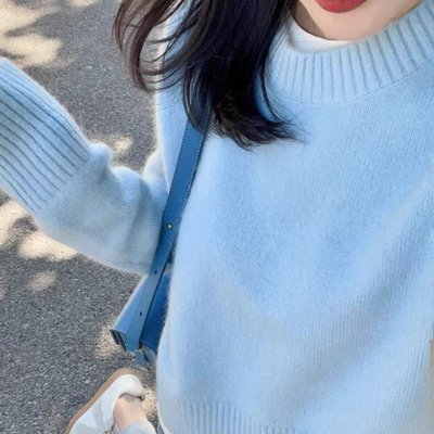 奶油 蓝色圆领外穿打底厚实毛衣女小个子温柔慵懒风韩版宽松型