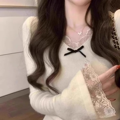 法式小香风蕾丝花边v领针织衫女秋冬春可外穿内搭打底衫长袖上衣