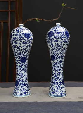 景德镇陶瓷青花仿古摆件新中式美人青花瓷花瓶瓷器缠枝