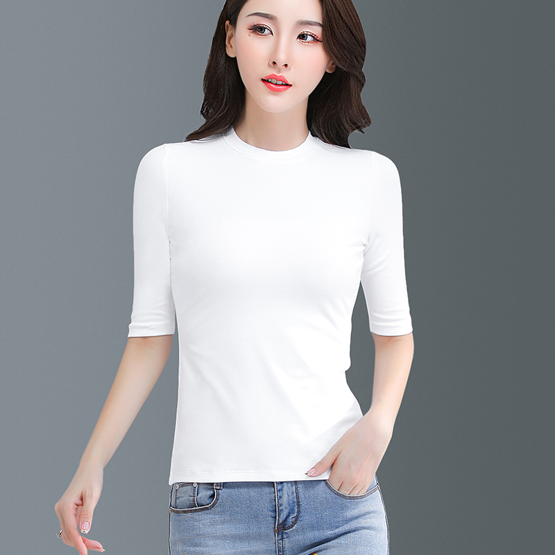 白色半高领中袖紧身t恤女大码