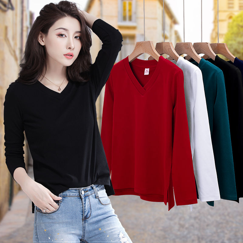 黑色纯棉宽松v领长袖t恤女上衣春秋季新款纯色百搭休闲洋气打底衫