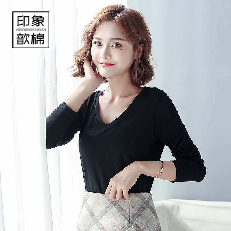 印象歆棉长袖v领长袖t恤女