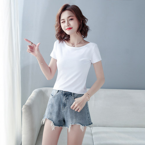 白色修身罗纹棉一字领短袖t恤女