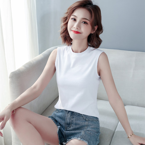 白色修身罗纹棉半高领背心女内搭