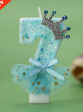 网红数字蜡烛生日蛋糕创意蓝纱裙皇冠公主风蓝色装饰庆生手工派对