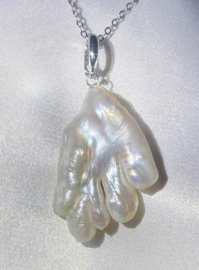 一物一拍巨大极光冷白银蓝光招财手稀缺无核巴洛克天然珍珠吊坠