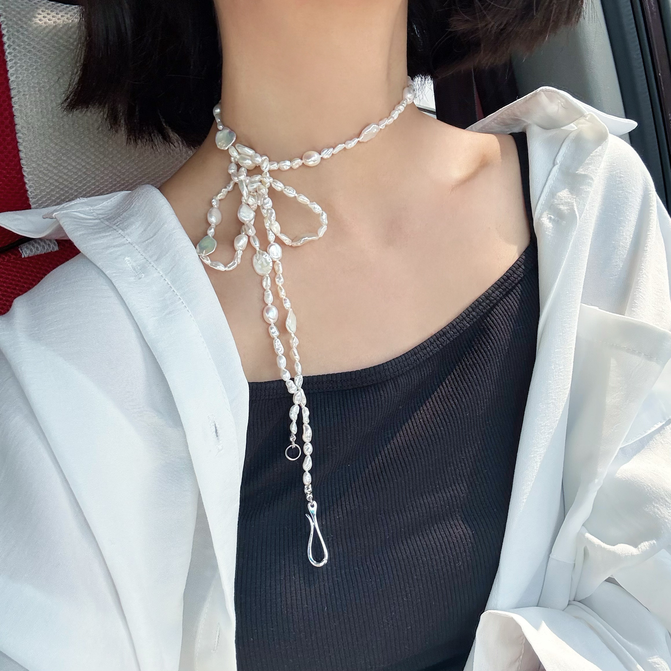 一物一拍多功能超长极光无核碎银子花瓣天然珍珠项链毛衣链手链