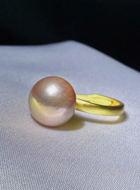 一物一拍极光炫彩糖纸大圆巴牛油果天然淡水珍珠沙金戒指