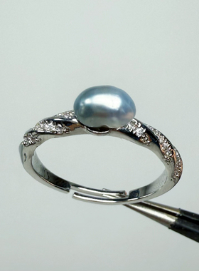 强光铂金灰大溪地无核Keshi天然海水珍珠戒指可调节