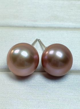 正圆无瑕粉紫色大钢炮强光纯天然淡水珍珠耳钉耳环925纯银