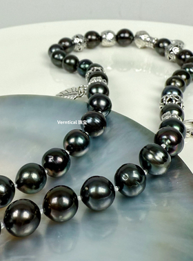 小众设计款纯天然大溪地黑珍珠项链盘缠串珠强光微瑕