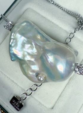 一物一拍巨无霸37mm超大鱼尾银蓝光极光冷白大巴天然珍珠项链吊坠