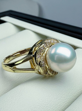 正圆蓝光无瑕天然淡水珍珠戒指复古宫廷小香风活口可调节