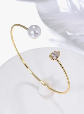 开口珍珠几何手环女可调节手链镶锆石手镯欧美风简约时尚女士