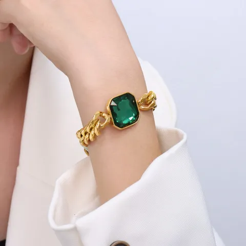 手饰大气粗手链钛钢时尚欧美时尚E076绿色精致ins镀18K金锆石配饰
