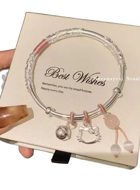 繁花似锦手镯女爆款kitty猫蝴蝶开口银手镯小众百搭闺蜜情侣手镯