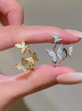 蝴蝶戒指气质轻奢开口食指时尚手饰四只满钻热卖网红风欧美
