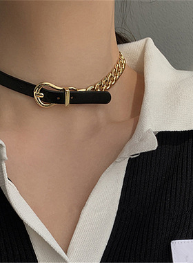 皮带链条拼接锁骨链女欧美时尚个性项链朋克风短款气质颈链项圈潮