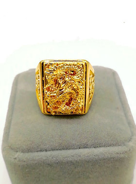 越南沙金龙戒浮雕霸气男士开口戒指黄铜电镀24k金首饰欧币饰品潮