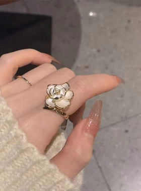 法式复古山茶花开口戒指女小众设计感温柔气质玫瑰花食指戒可调节