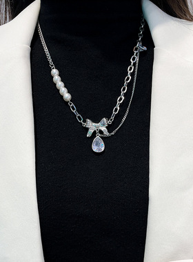 甜酷辣妹个性蝴蝶结拼接珍珠项链女小众轻奢设计感ins嘻哈毛衣链