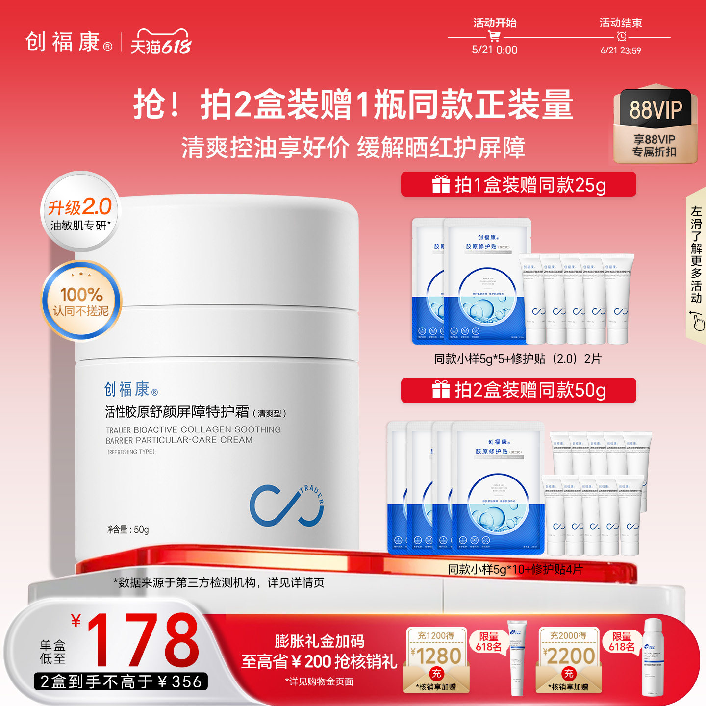 【第二代】创福康胶原特护霜清爽型保湿修红敏感控油修护面乳50g