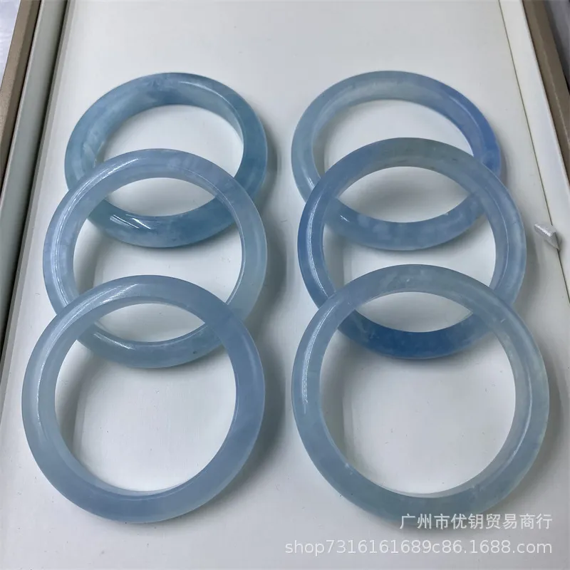 天然海蓝宝石手镯晶体蓝天白云宽扁条版型女士镯子 现货