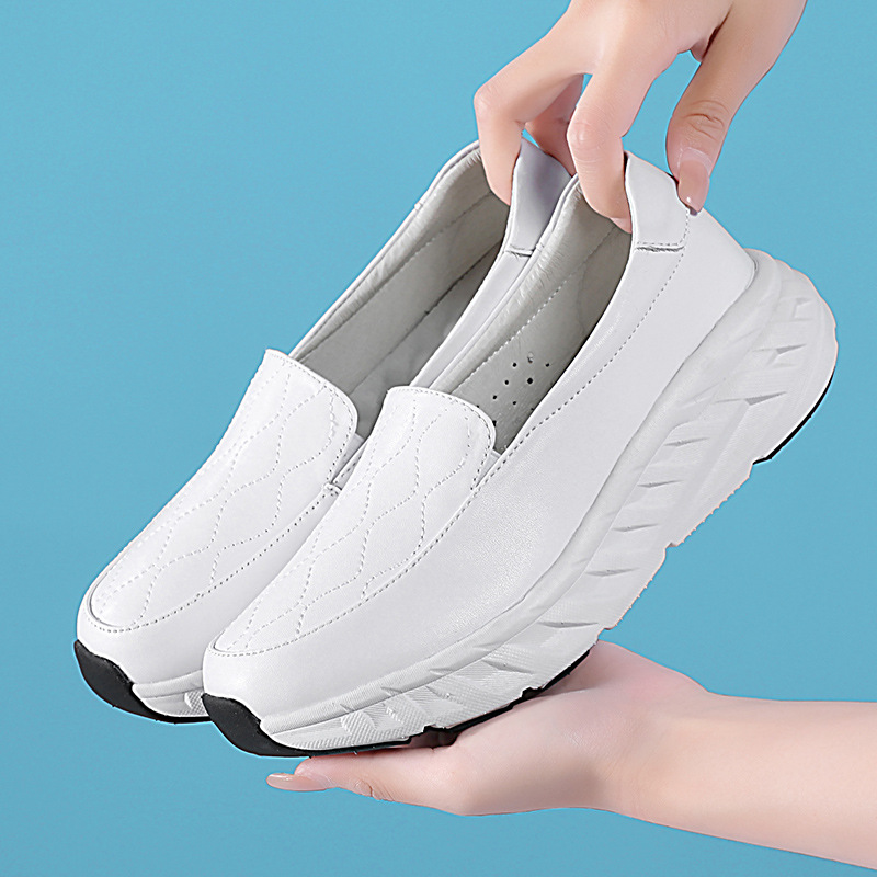 24新款真皮松糕鞋女软厚底亚马逊黑白坡跟妈妈鞋休闲百搭单鞋新款