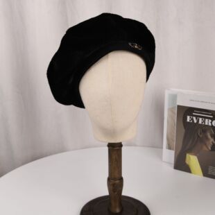 秋冬新款纯色贝雷帽百搭复古毛呢复古画家帽女毛绒加绒显脸小帽子