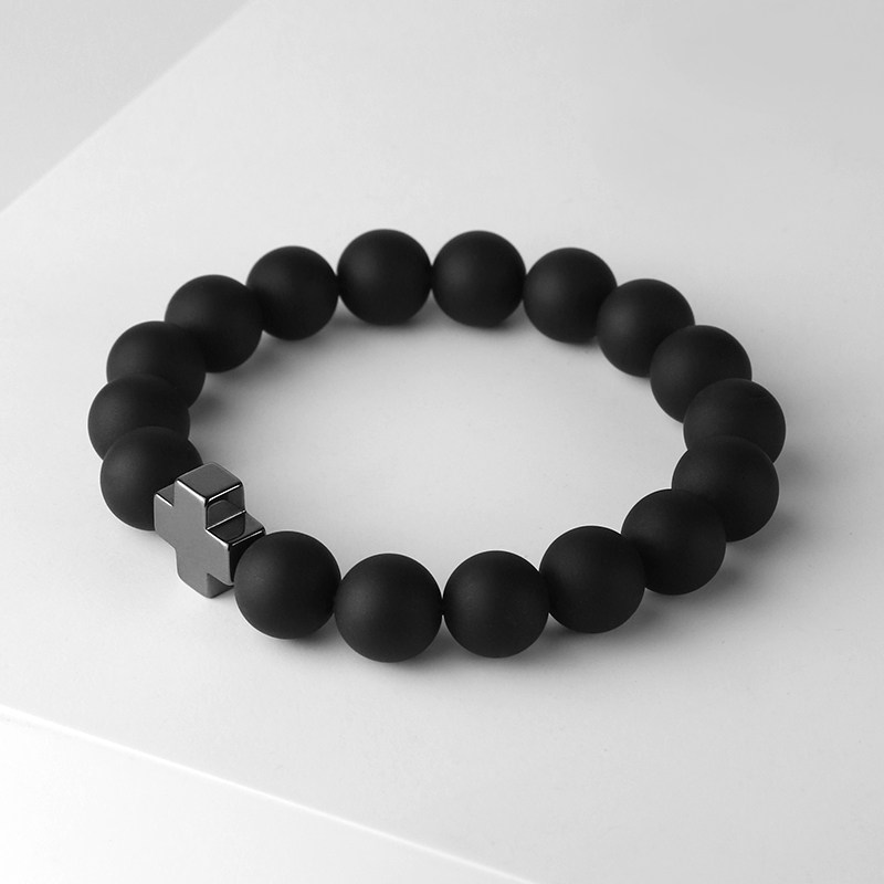 酷黑磨砂石十字黑胆石手链男女个性潮流学生情侣礼物ins小众设计