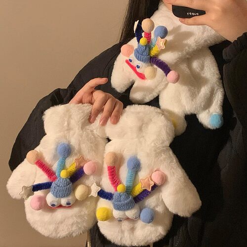 可爱搞怪毛绒挂脖手套女冬季保暖加绒加厚冬天防寒冻学生全包连指