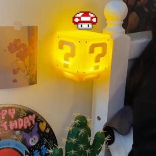 马里奥LED问号灯方块超级玛丽发声小夜灯桌面氛围台灯装饰床头灯