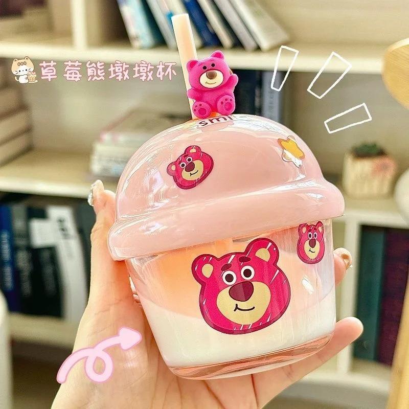 草莓熊玻璃杯女新款高颜值吸管杯迷你水杯便携杯子牛奶墩墩杯加厚