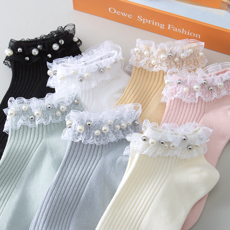 花边珍珠袜子女短袜夏天棉袜日系学院风双针透气女士春夏季短筒袜