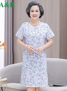 ab内衣女士纯棉舒适透气中老年睡裙印花短袖宽松休闲居家服H358