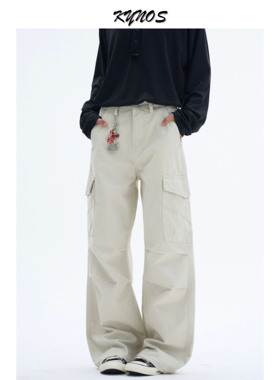 KYNOS美式复古水洗baggy褶皱多口袋工装裤男女宽松休闲阔腿长裤子