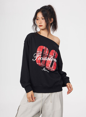 KYNOS 美式街头慵懒感斜肩大领口卫衣女复古休闲宽松字母长袖上衣