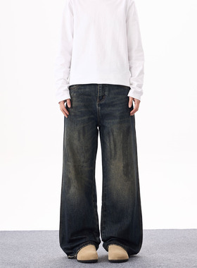 KYNOS 美式高街做旧脏脏牛仔裤男女宽松痞帅休闲百搭阔腿拖地长裤