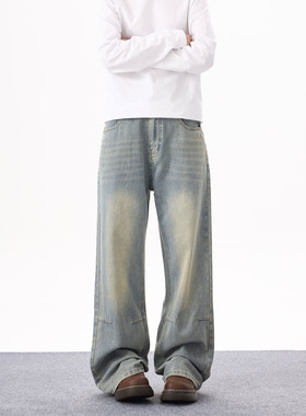 KYNOS 美式高街cleanfit水洗做旧牛仔裤男女宽松休闲直筒浅色长裤
