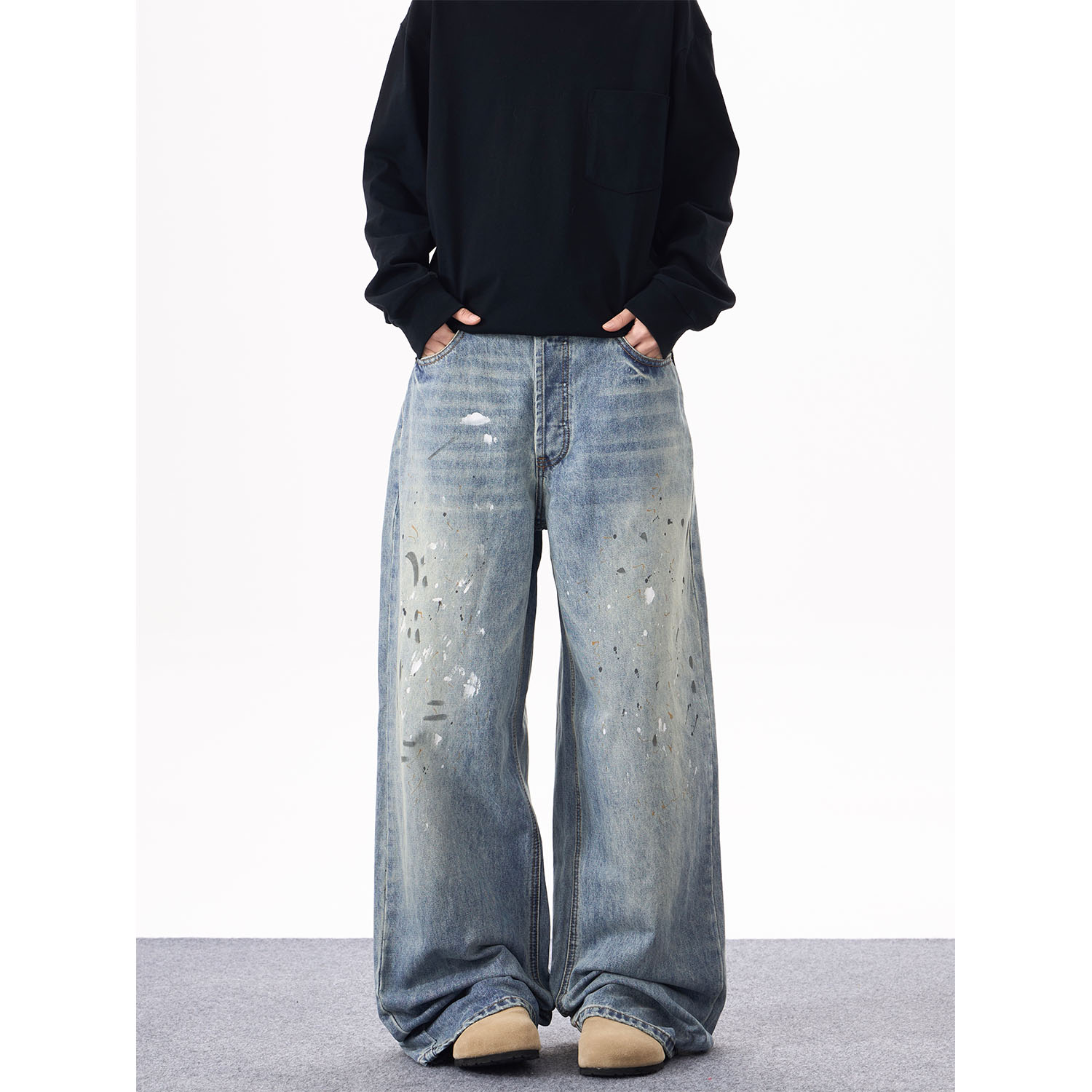 KYNOS 美式高街泼墨水洗牛仔裤男女宽松做旧阔腿显瘦拖地休闲长裤