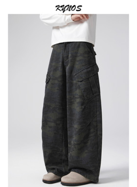 KYNOS 美式复古迷彩弯刀工装裤男女宽松多口袋休闲百搭阔腿长裤子