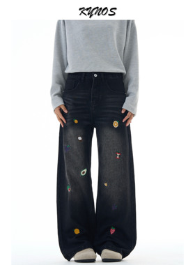 KYNOS 美式复古水果刺绣牛仔裤男女宽松百搭休闲阔腿拖地垂感长裤