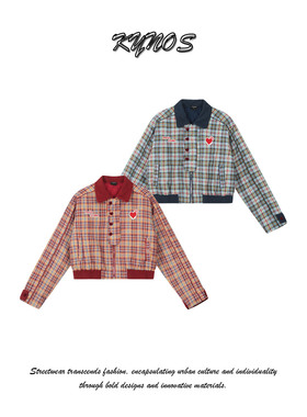 KYNOS 美式潮牌苏格兰格子外套情侣万针刺绣设计翻领短版百搭夹克