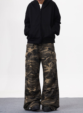 KYNOS 美式复古大口袋迷彩工装裤男女高街嘻哈宽松阔腿拖地长裤潮